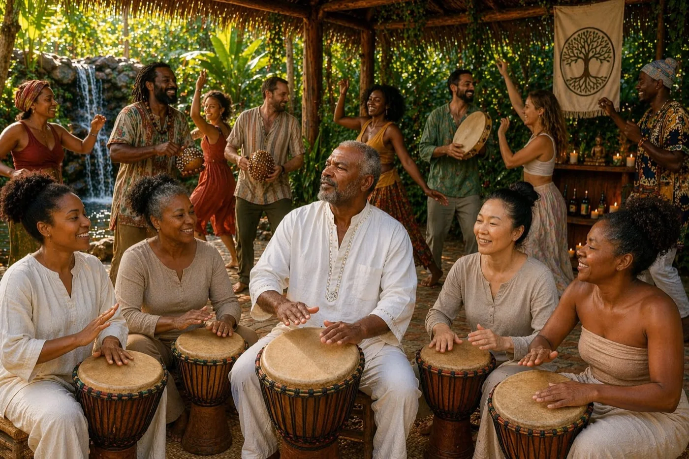 Dr. Larry Trott leading a group drum circle at a retreat gathering