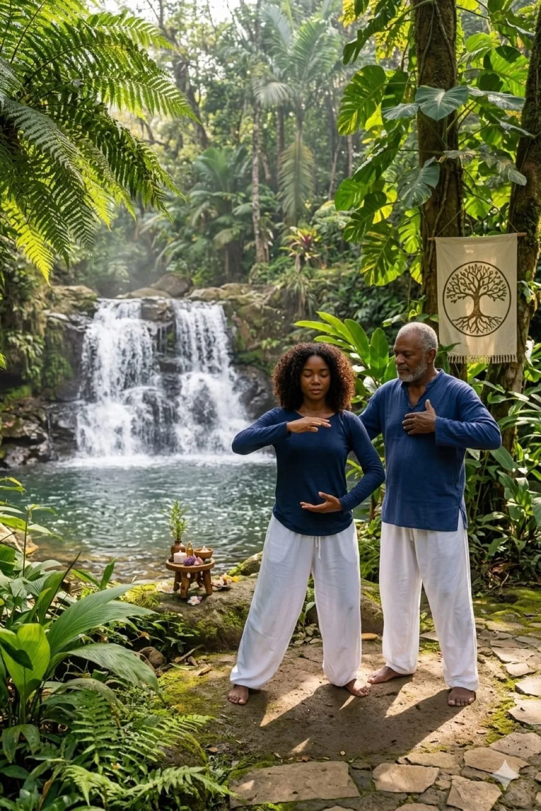 Dr. Larry Trott guiding a student through Qigong practice beside a waterfall